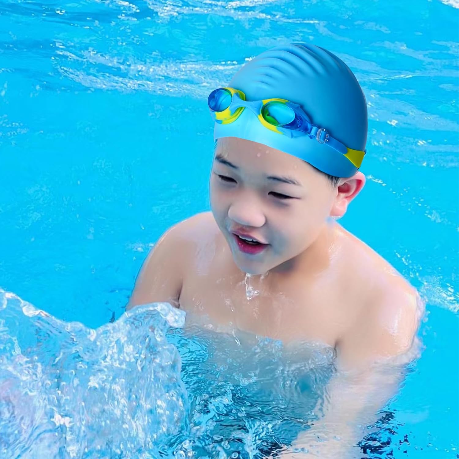 4 Pieces Kids Swimming Goggles for Boys Girls Silicone Swimming Cap for Short Hair with  Swim Cap, Earplug and Nose Clip