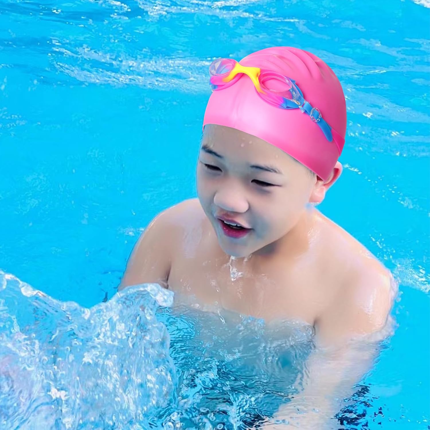 4 Pieces Kids Swimming Goggles for Boys Girls Silicone Swimming Cap for Short Hair with  Swim Cap, Earplug and Nose Clip