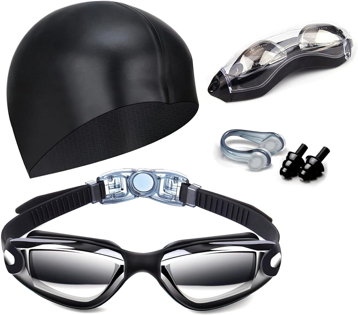 4 Pieces Swim Goggles No Leaking with Nose Clip, Earplugs, Swim Cap and Case for Men Women