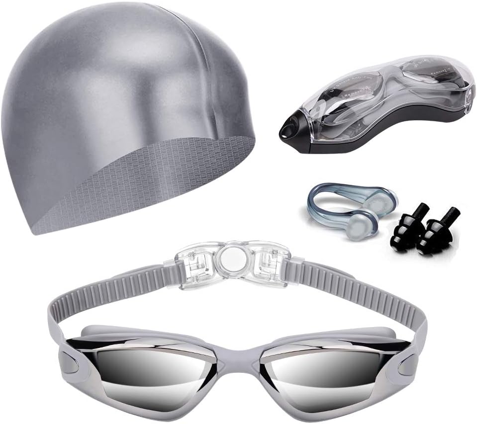 4 Pieces Swim Goggles No Leaking with Nose Clip, Earplugs, Swim Cap and Case for Men Women