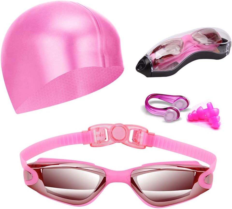 4 Pieces Swim Goggles No Leaking with Nose Clip, Earplugs, Swim Cap and Case for Men Women