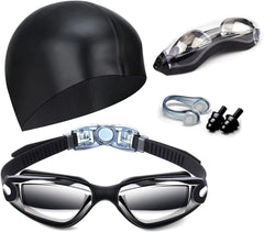 4 Pieces Swim Goggles No Leaking with Nose Clip, Earplugs, Swim Cap and Case for Men Women