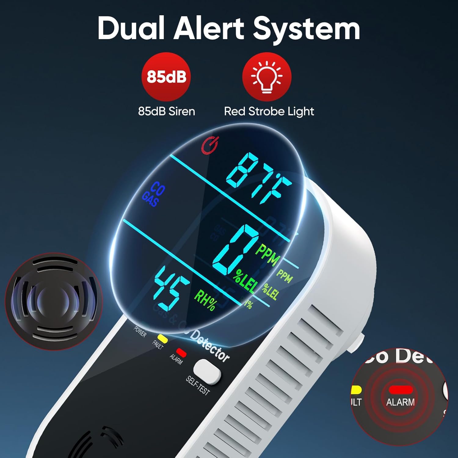 4-in-1 Upgraded Gas & CO Detector, Dual-Sensor Plug-In with Temp/Humidity Monitoring for Home & RV - Black