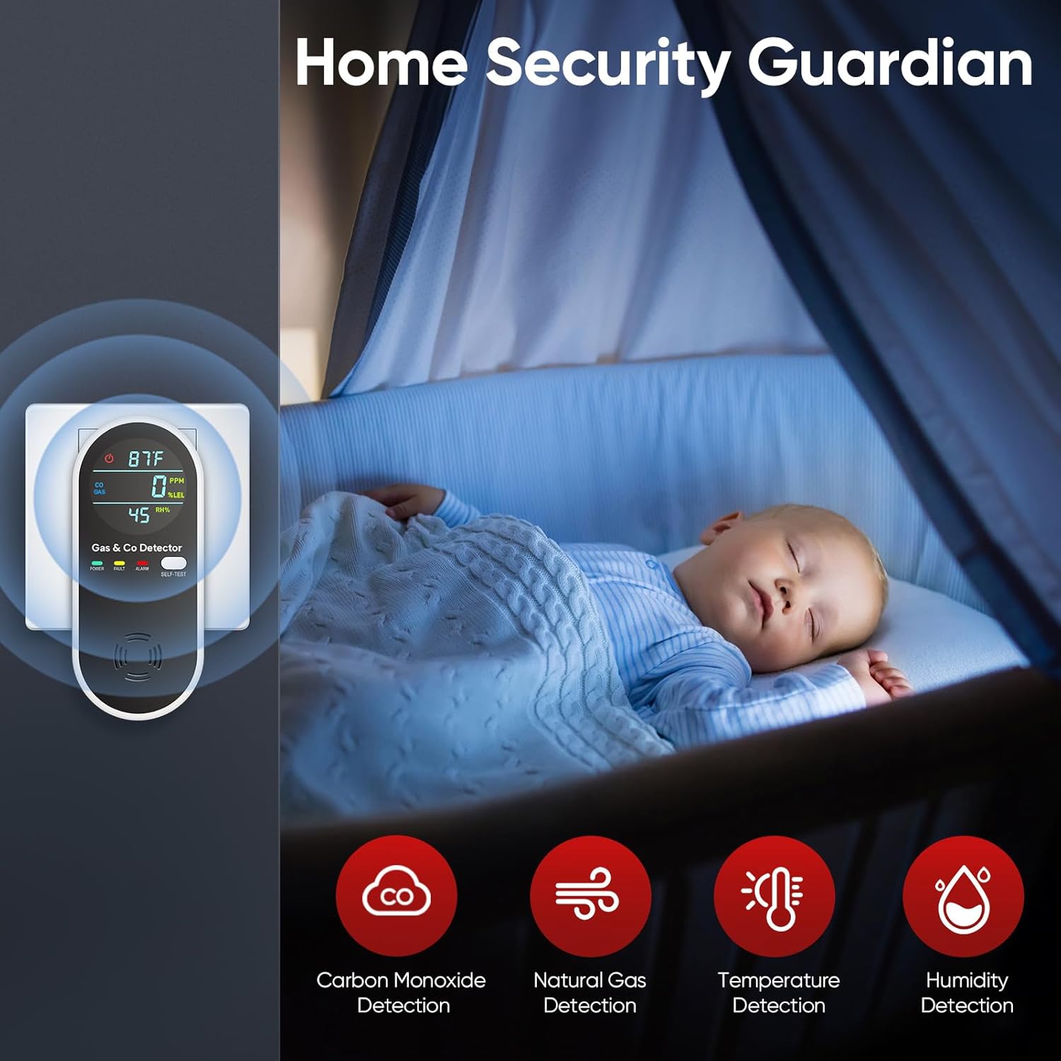 4-in-1 Upgraded Gas & CO Detector, Dual-Sensor Plug-In with Temp/Humidity Monitoring for Home & RV - Black