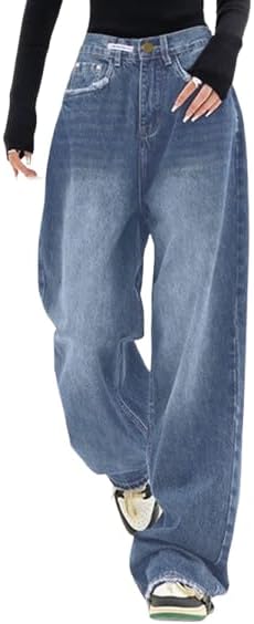 EMMIOL Jeans para mujer, pantalones vaqueros holgados de pierna ancha, cintura alta, pantalones cargo Y2K, pantalones casuales sueltos para novios, ropa de calle vintage 