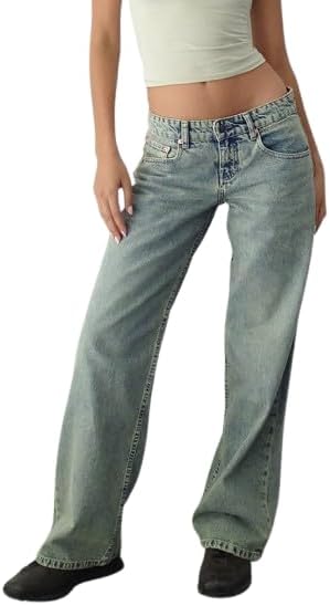 EMMIOL Jeans de mezclilla para mujer, pantalones vaqueros de pierna ancha, pantalones vaqueros holgados de cintura baja para mujer, pantalones vaqueros holgados tipo boyfriend, pantalones vaqueros Y2K 90S 