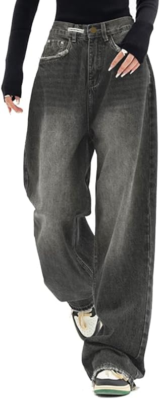 EMMIOL Jeans para mujer, pantalones vaqueros holgados de pierna ancha, cintura alta, pantalones cargo Y2K, pantalones casuales sueltos para novios, ropa de calle vintage 