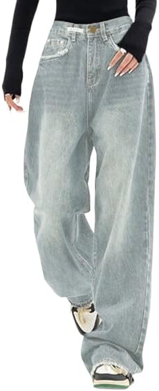 EMMIOL Jeans para mujer, pantalones vaqueros holgados de pierna ancha, cintura alta, pantalones cargo Y2K, pantalones casuales sueltos para novios, ropa de calle vintage 