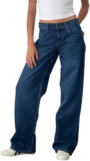 EMMIOL Jeans de mezclilla para mujer, pantalones vaqueros de pierna ancha, pantalones vaqueros holgados de cintura baja para mujer, pantalones vaqueros holgados tipo boyfriend, pantalones vaqueros Y2K 90S 