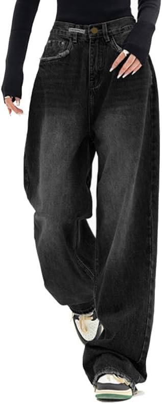 EMMIOL Jeans para mujer, pantalones vaqueros holgados de pierna ancha, cintura alta, pantalones cargo Y2K, pantalones casuales sueltos para novios, ropa de calle vintage 