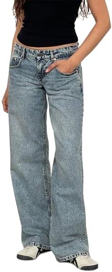 EMMIOL Jeans de mezclilla para mujer, pantalones vaqueros de pierna ancha, pantalones vaqueros holgados de cintura baja para mujer, pantalones vaqueros holgados tipo boyfriend, pantalones vaqueros Y2K 90S 