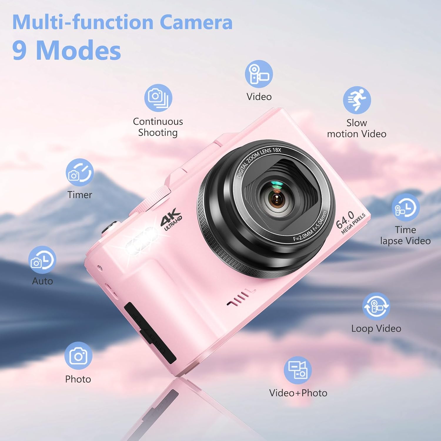 4K 64MP Vlogging Camera, 3" 180° Flip Screen, 18X Zoom, Point & Shoot, 32GB SD Card - Beginner-Friendly