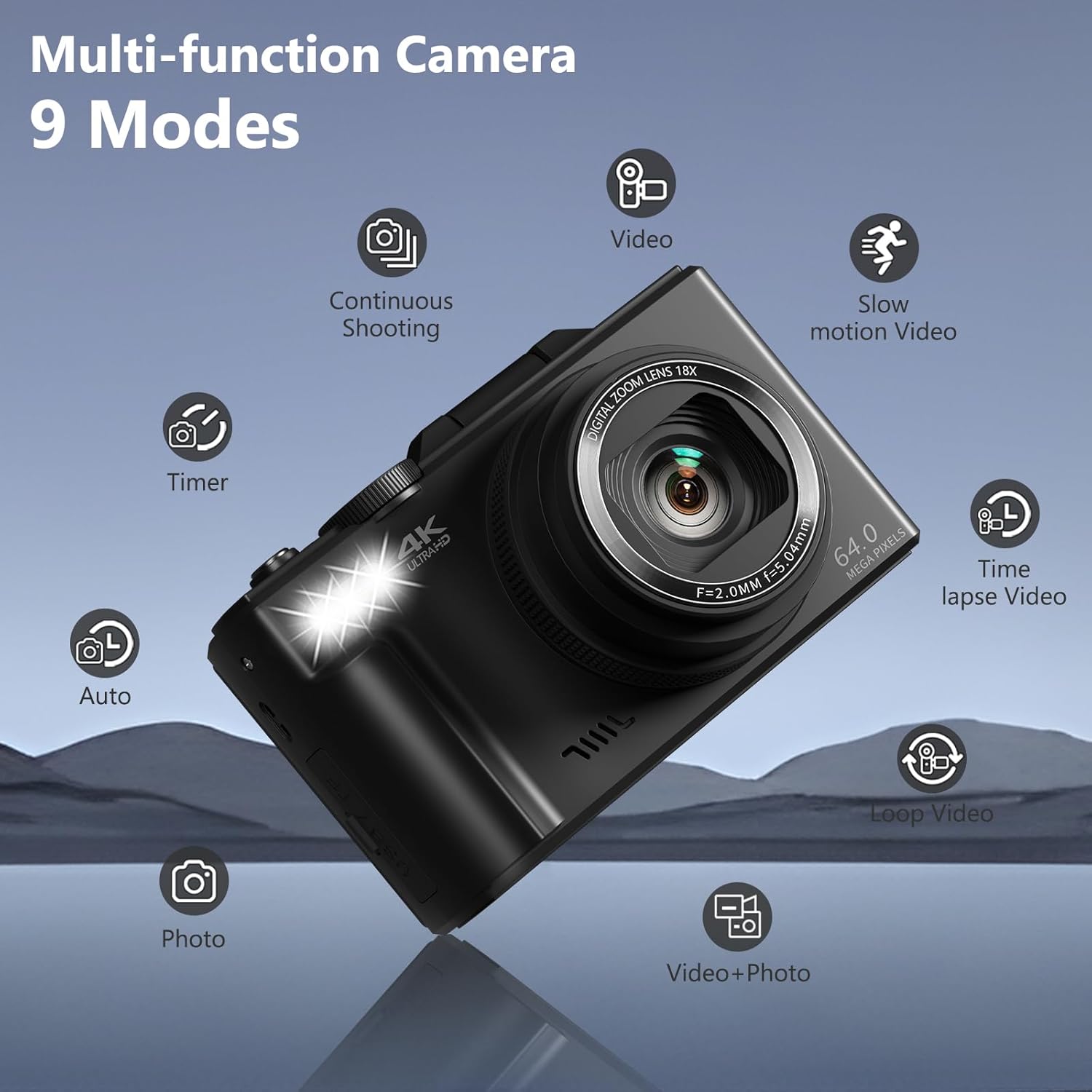 4K 64MP Vlogging Camera, 3" 180° Flip Screen, 18X Zoom, Point & Shoot, 32GB SD Card - Beginner-Friendly