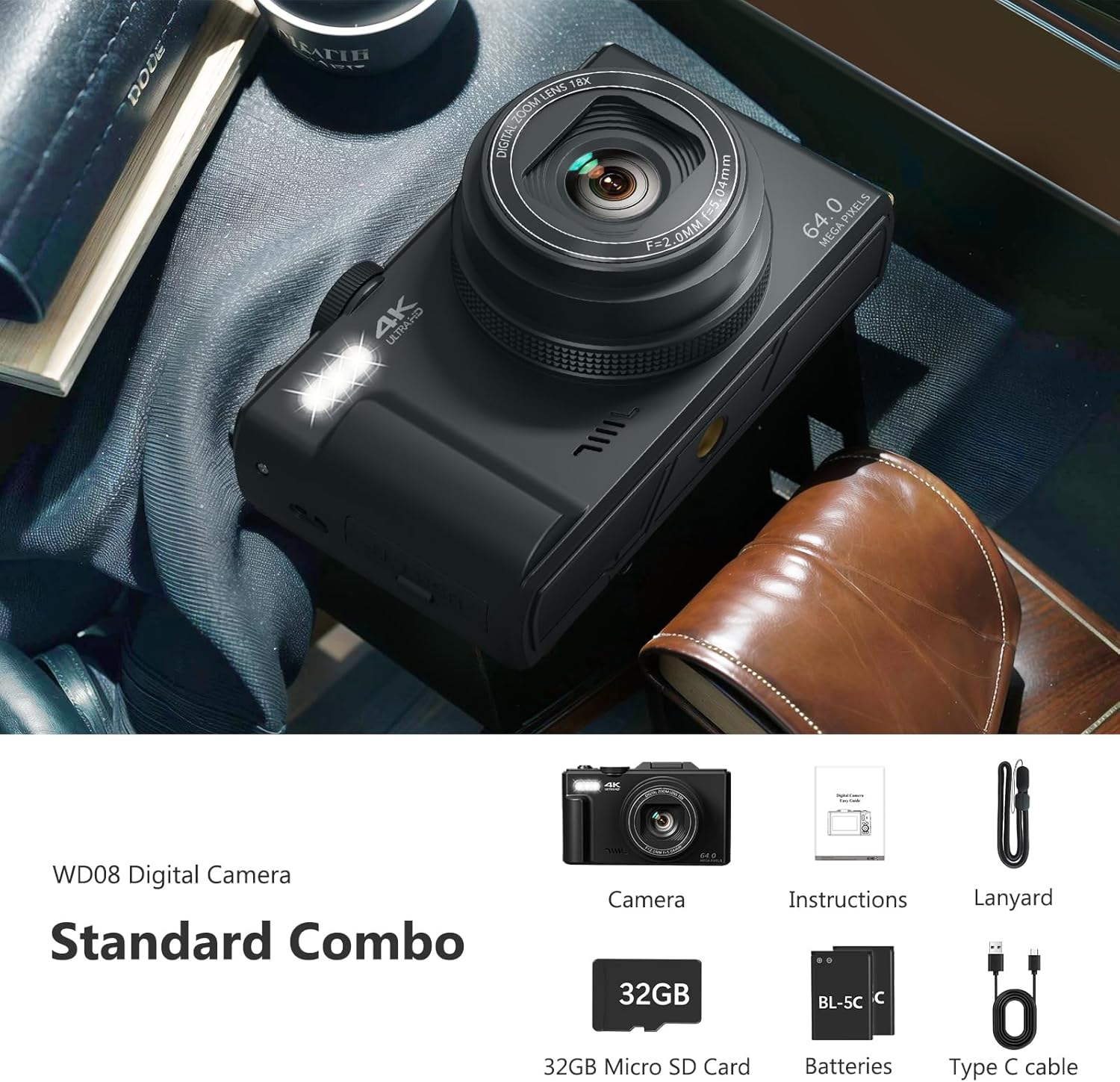 4K 64MP Vlogging Camera, 3" 180° Flip Screen, 18X Zoom, Point & Shoot, 32GB SD Card - Beginner-Friendly
