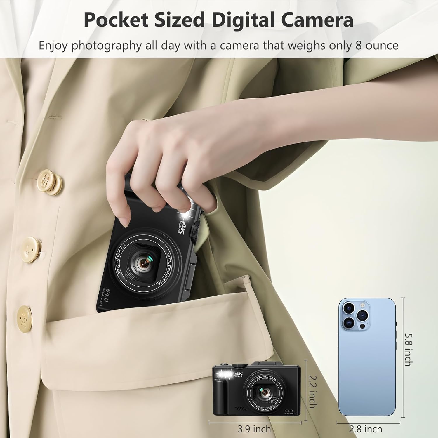 4K 64MP Vlogging Camera, 3" 180° Flip Screen, 18X Zoom, Point & Shoot, 32GB SD Card - Beginner-Friendly