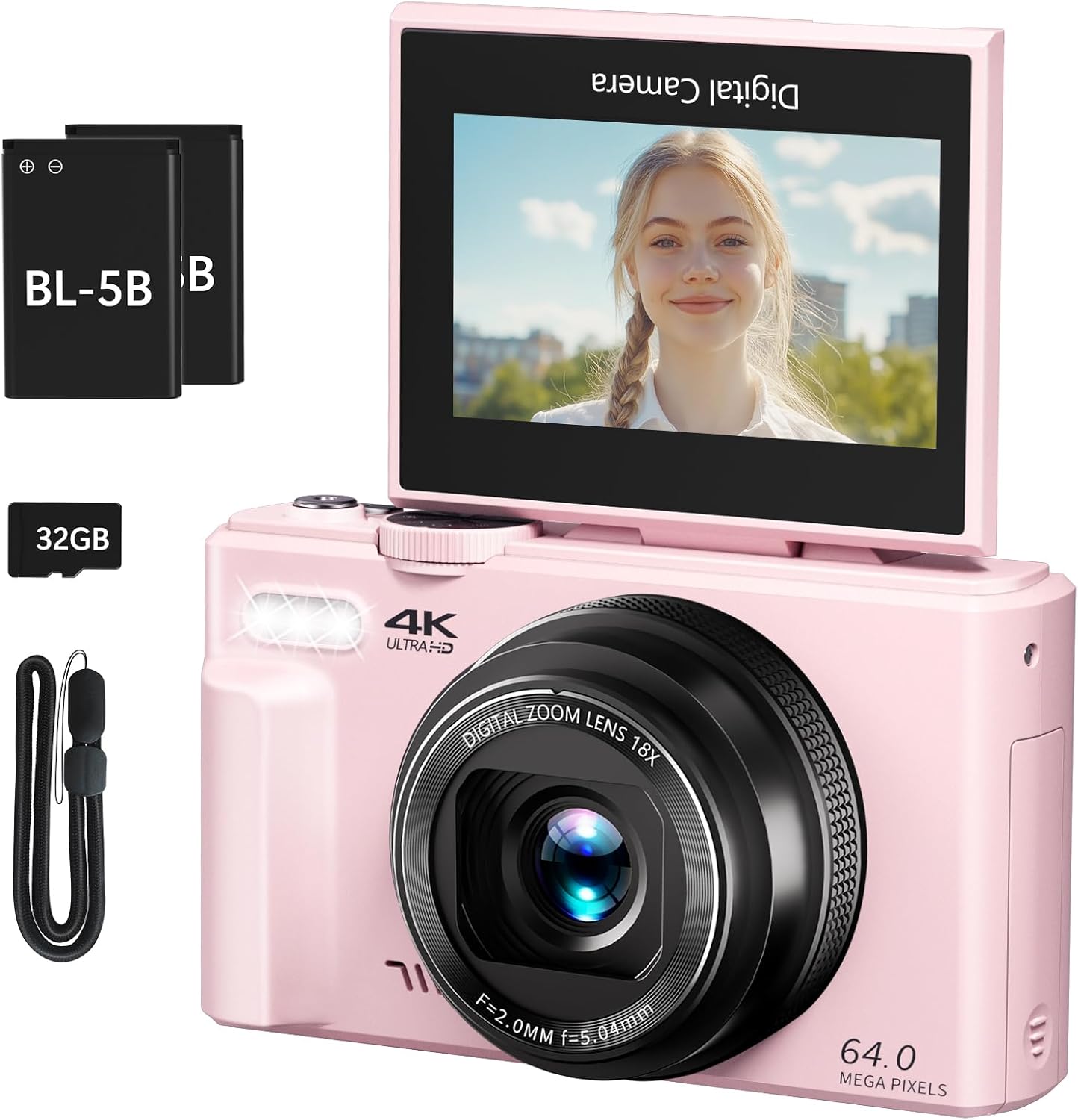 4K 64MP Vlogging Camera, 3" 180° Flip Screen, 18X Zoom, Point & Shoot, 32GB SD Card - Beginner-Friendly
