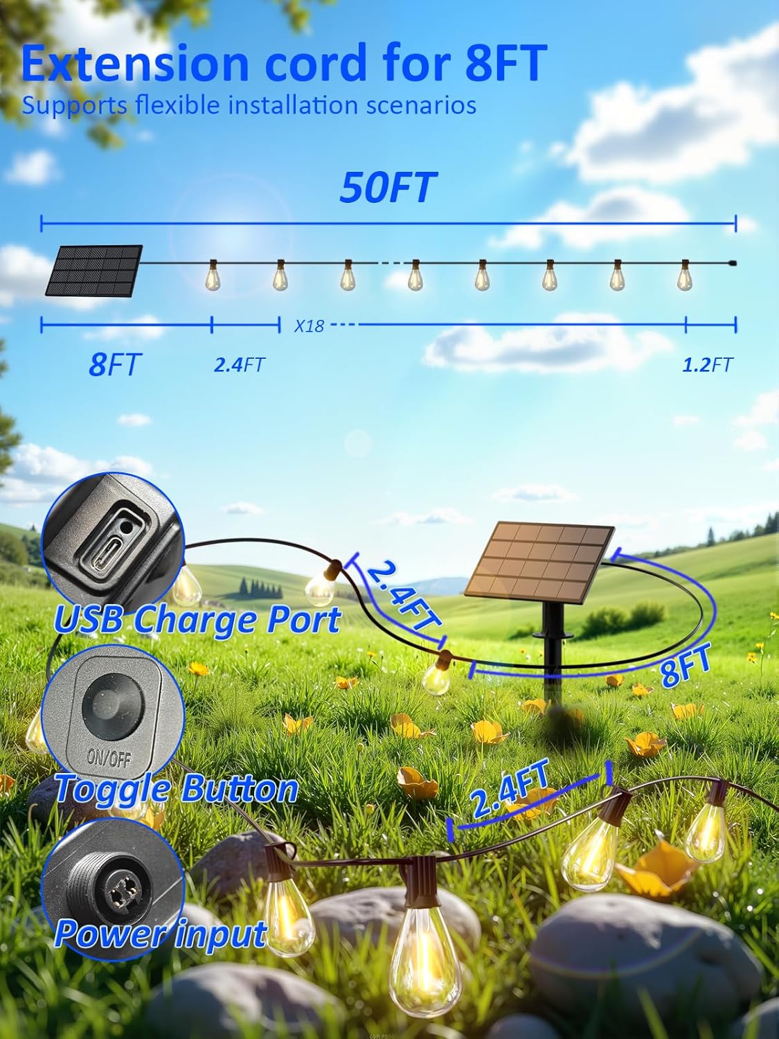 50FT Solar String Lights - Waterproof 19 LED 20+hr Battery Life, Commercial-Grade Shatterproof, Multipurpose Patio/Camping Decor