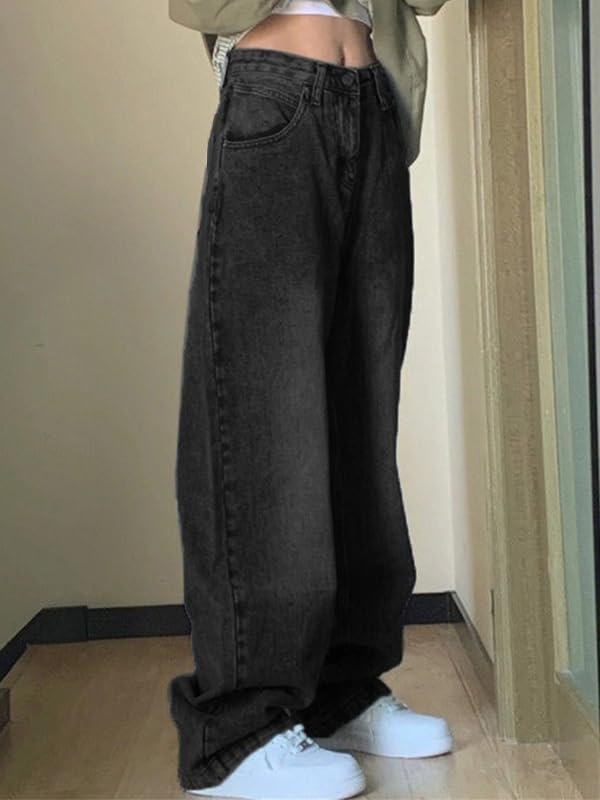 EMMIOL Jeans de mezclilla para mujer, pantalones vaqueros de pierna ancha, pantalones vaqueros holgados de cintura baja para mujer, pantalones vaqueros holgados tipo boyfriend, pantalones vaqueros Y2K 90S 
