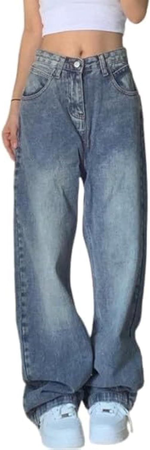 EMMIOL Jeans de mezclilla para mujer, pantalones vaqueros de pierna ancha, pantalones vaqueros holgados de cintura baja para mujer, pantalones vaqueros holgados tipo boyfriend, pantalones vaqueros Y2K 90S 