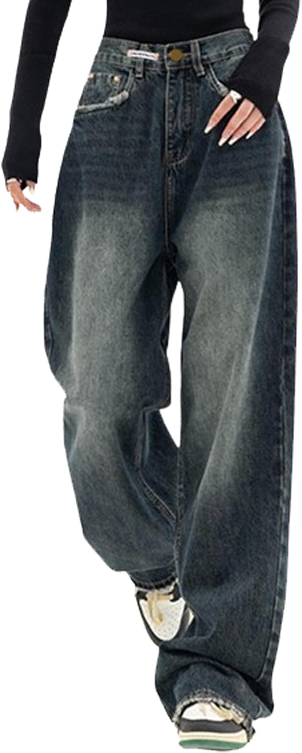 EMMIOL Jeans para mujer, pantalones vaqueros holgados de pierna ancha, cintura alta, pantalones cargo Y2K, pantalones casuales sueltos para novios, ropa de calle vintage 