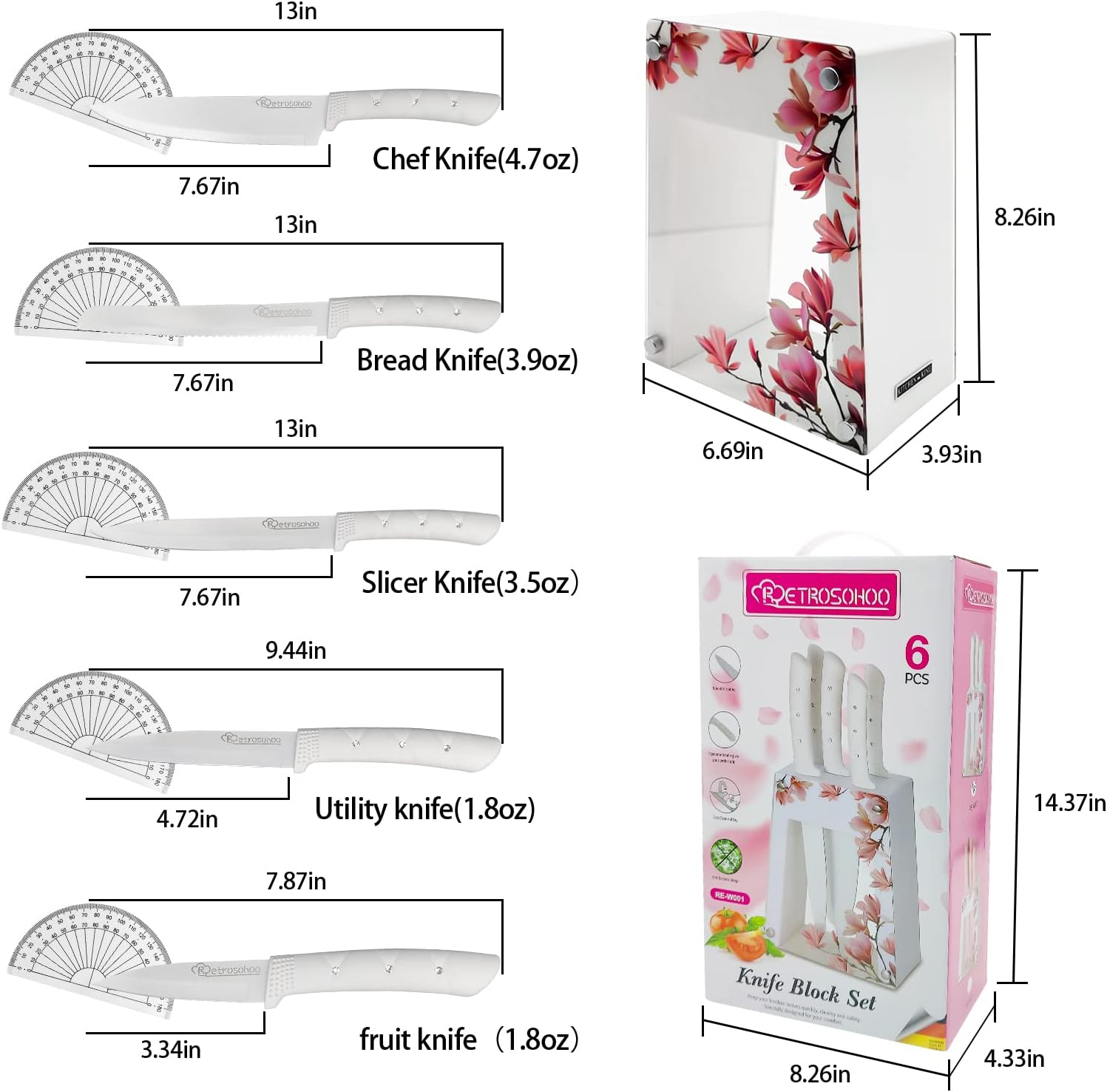 6PC Chef Knife Set with Acrylic Stand & Non-slip Block, Colorful Coating, Gift for Women