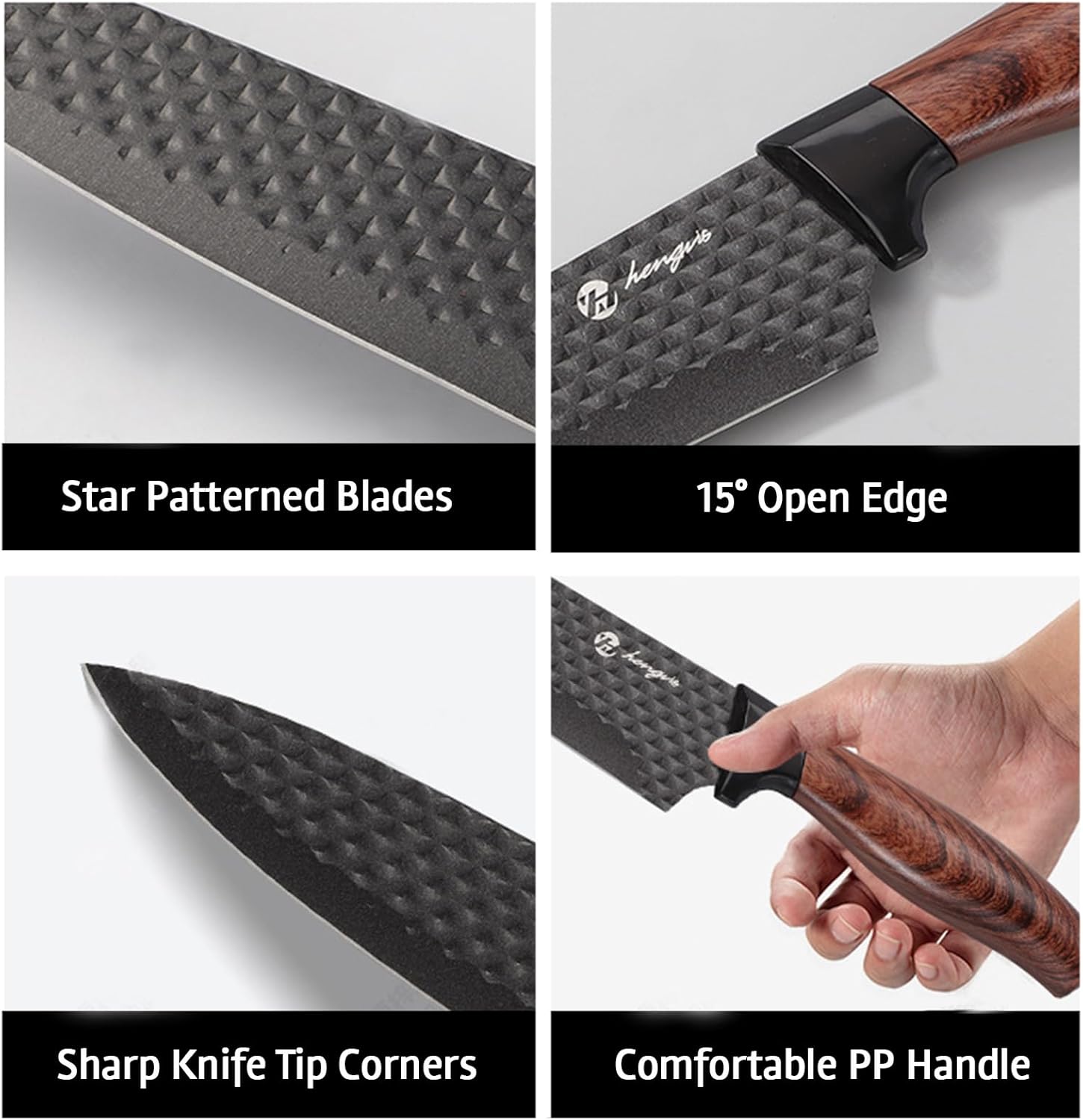 7-Piece Black Knife Block Set with Stainless Chef Knives, Non-stick Coating & Wood Grain Handles
