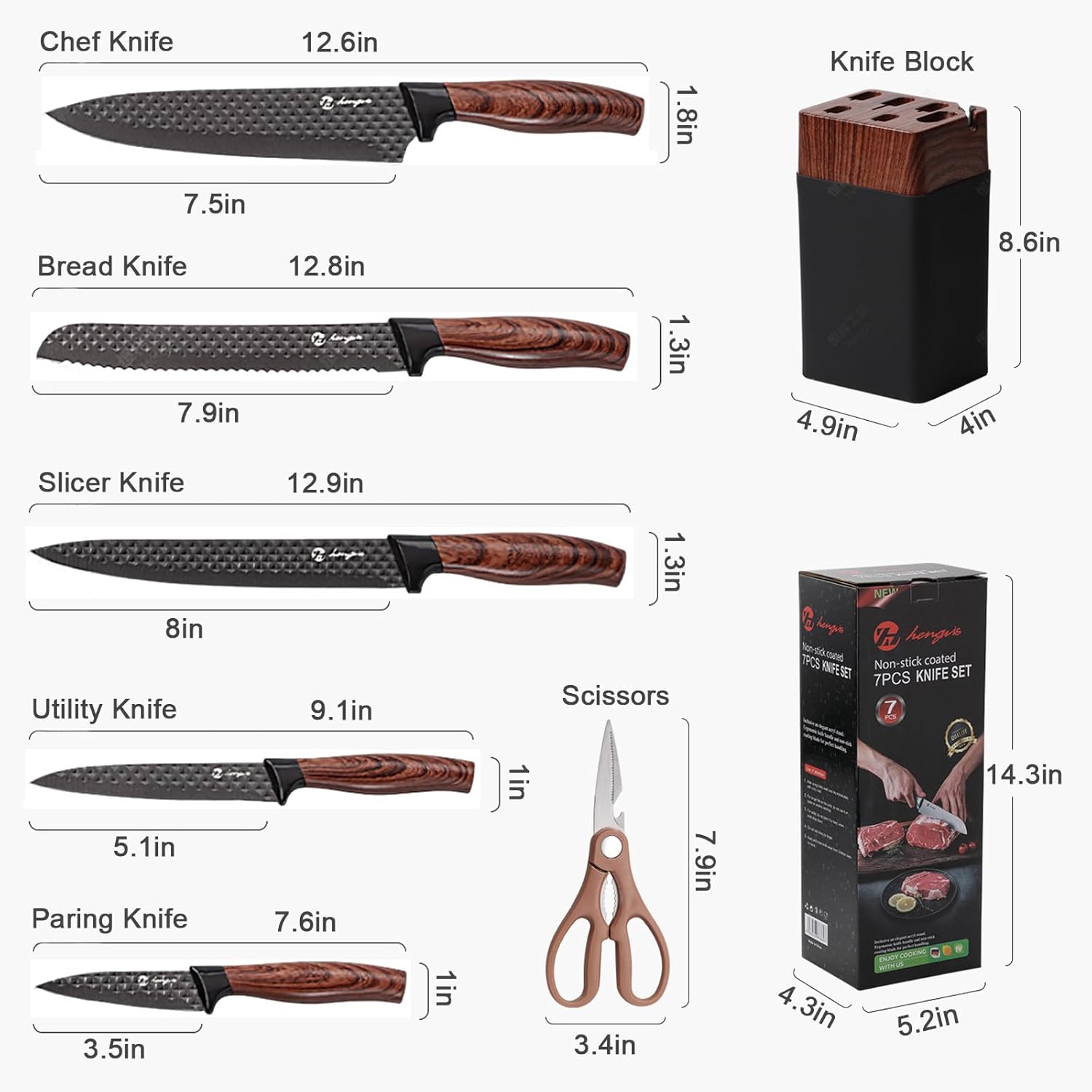 7-Piece Black Knife Block Set with Stainless Chef Knives, Non-stick Coating & Wood Grain Handles