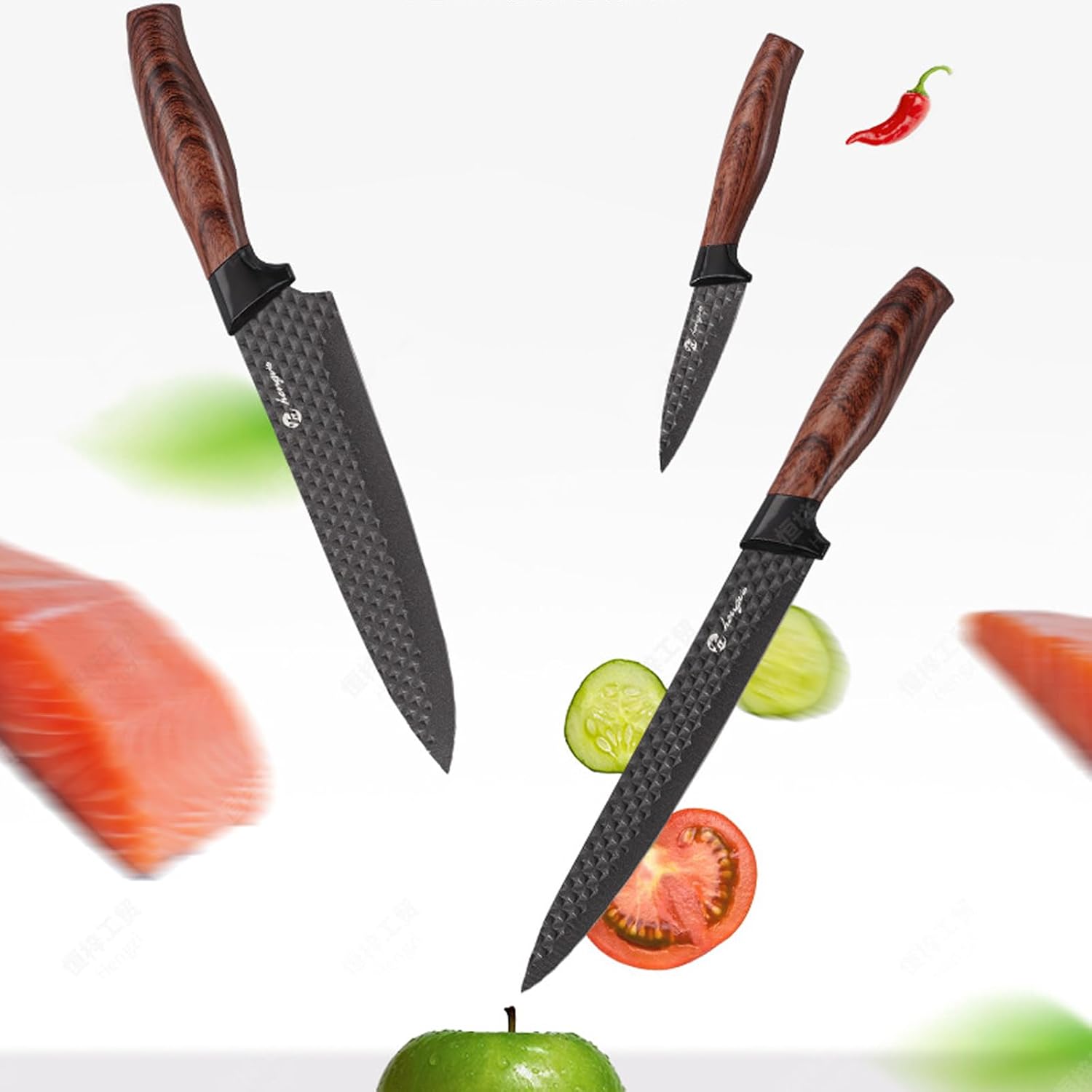 7-Piece Black Knife Block Set with Stainless Chef Knives, Non-stick Coating & Wood Grain Handles