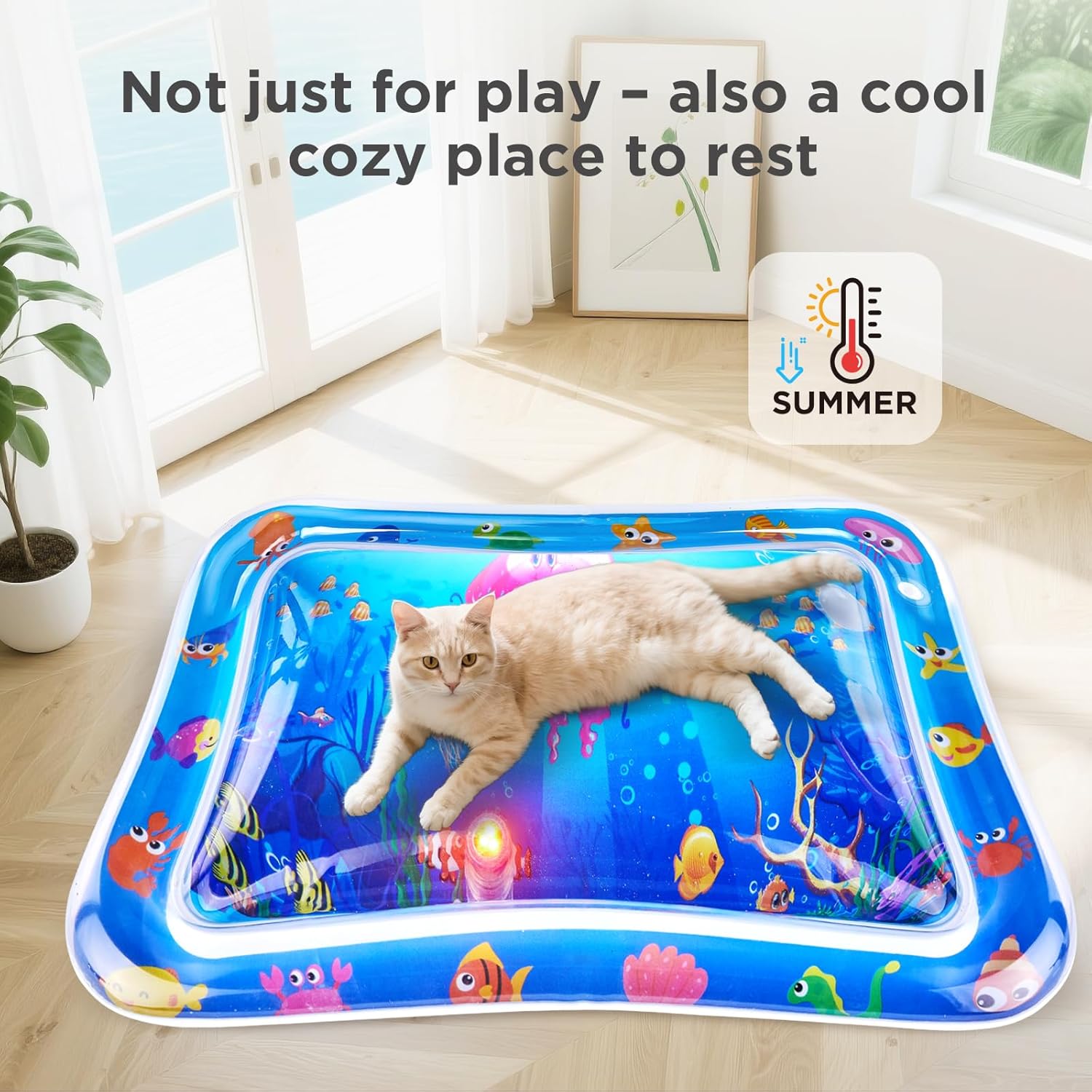 LED Cat Water Mat, Anti-Scratch Leak Proof with Floating Fish Toys, Interactive Cat Toys for Exercise & Hunting