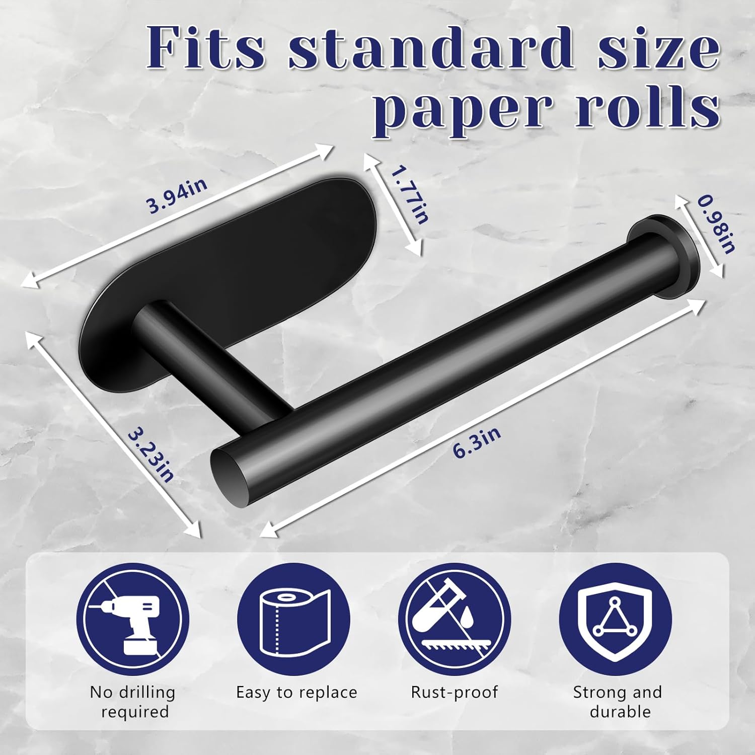 Drill-Free Black Stainless Steel Toilet Paper Holder, Waterproof Self-Adhesive Wall Mount for Bathroom/Kitchen