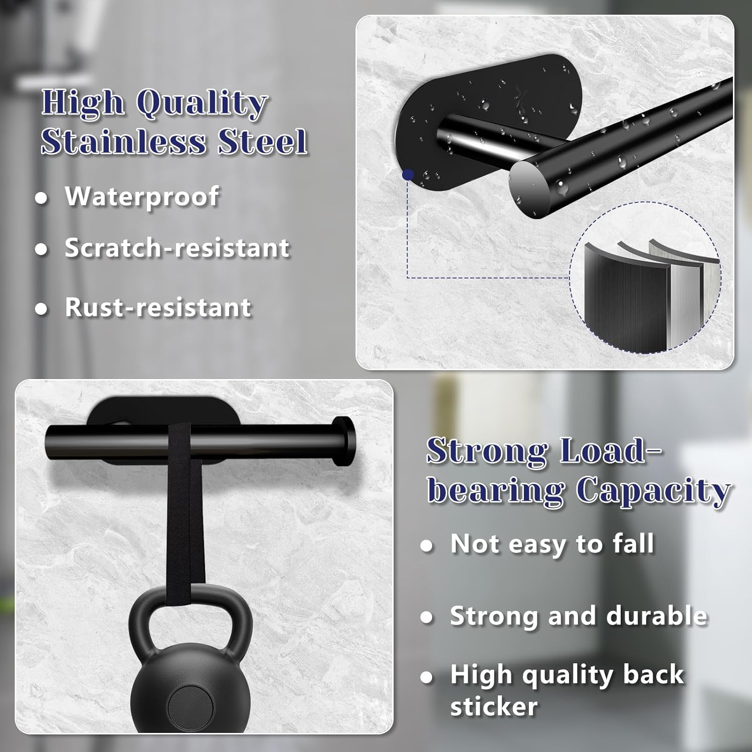 Drill-Free Black Stainless Steel Toilet Paper Holder, Waterproof Self-Adhesive Wall Mount for Bathroom/Kitchen