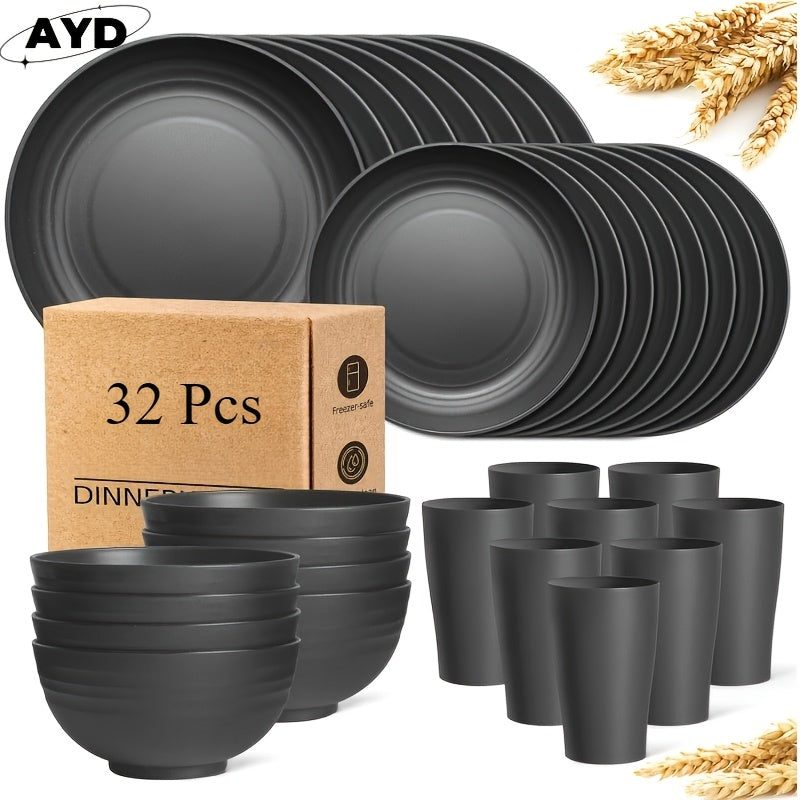 32-Pc Dinnerware Set: 16 Bread Plates, Serves 8 - Plates, Bowls, Mugs - Dishwasher & Microwave Safe - Lightweight for Camping/Daily - Gift Idea