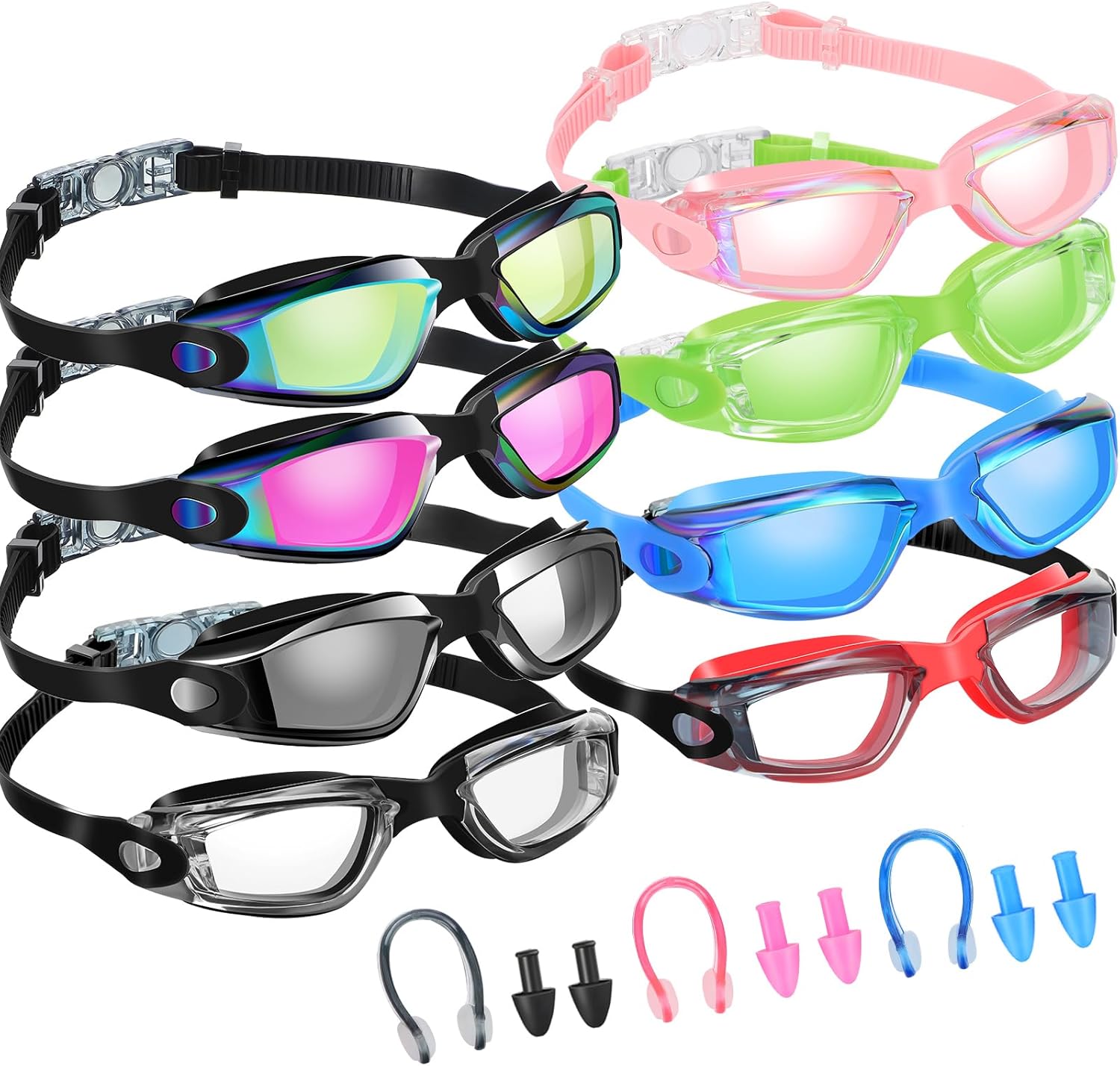 8 Pack Swim Goggles No Leaking Swimming Goggles for Adult UV Protection Pool Goggles with Nose Clip Earplug