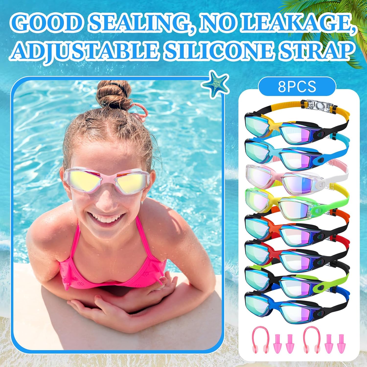 8 Pack Swim Goggles No Leaking Swimming Goggles for Adult UV Protection Pool Goggles with Nose Clip Earplug