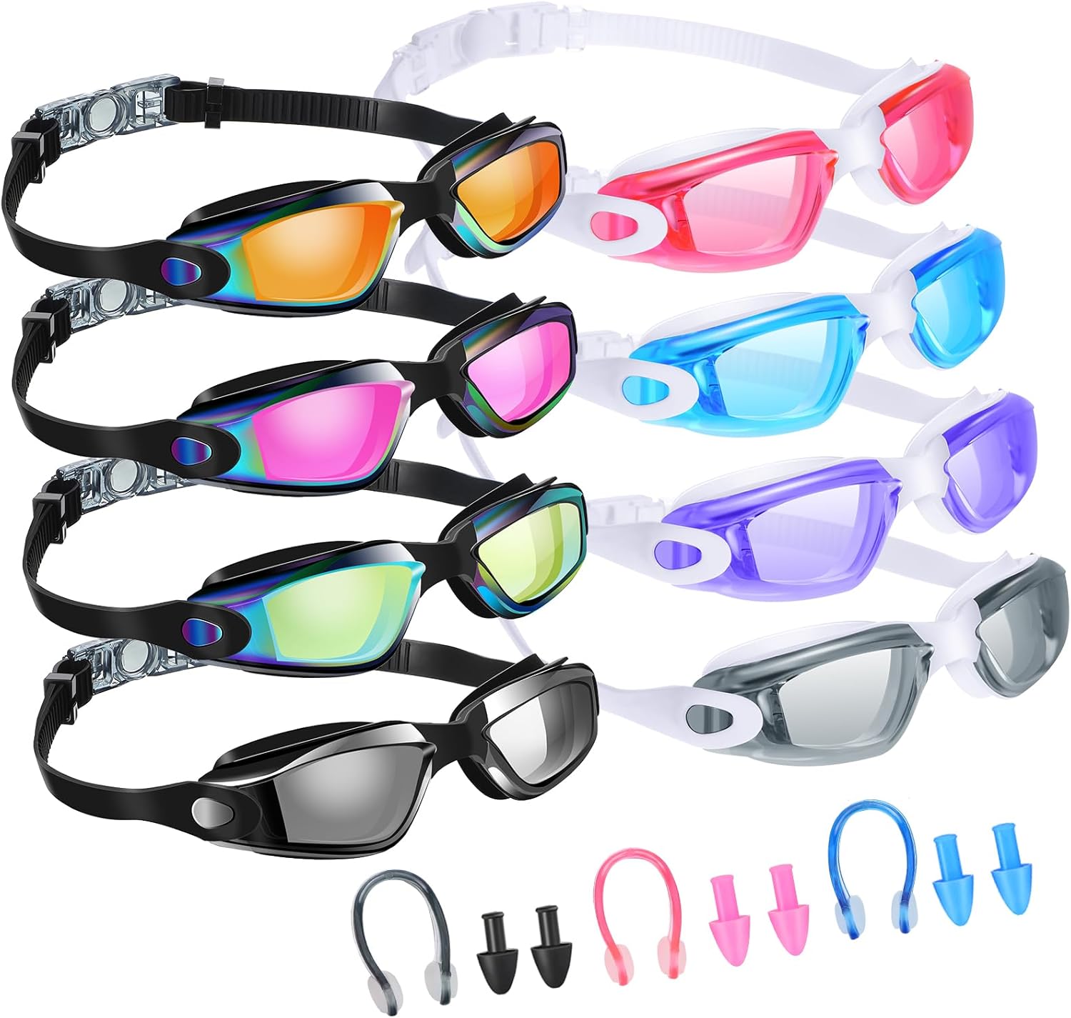 8 Pack Swim Goggles No Leaking Swimming Goggles for Adult UV Protection Pool Goggles with Nose Clip Earplug