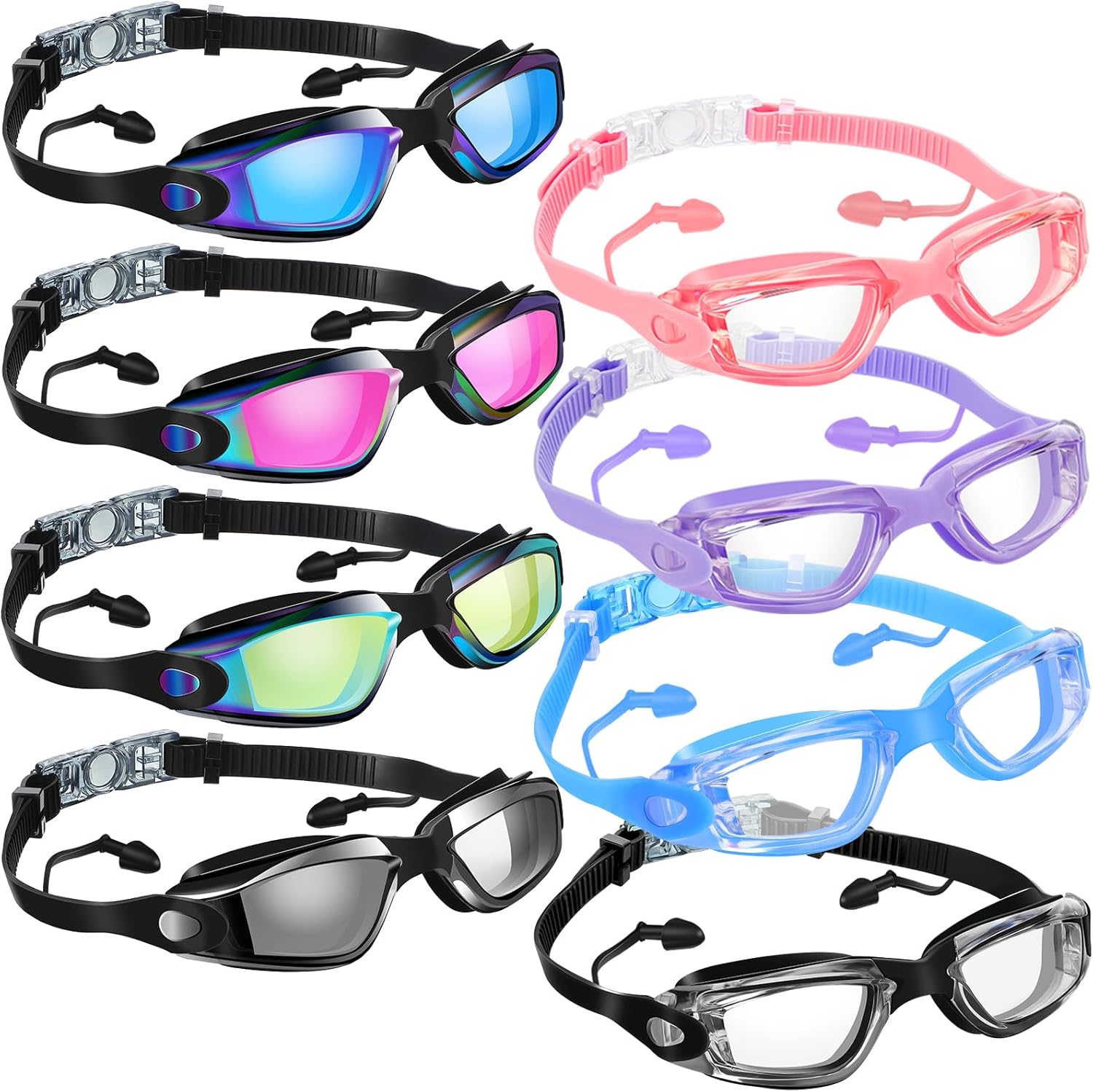 8 Pack Swim Goggles No Leaking Swimming Goggles for Adult UV Protection Pool Goggles with Nose Clip Earplug