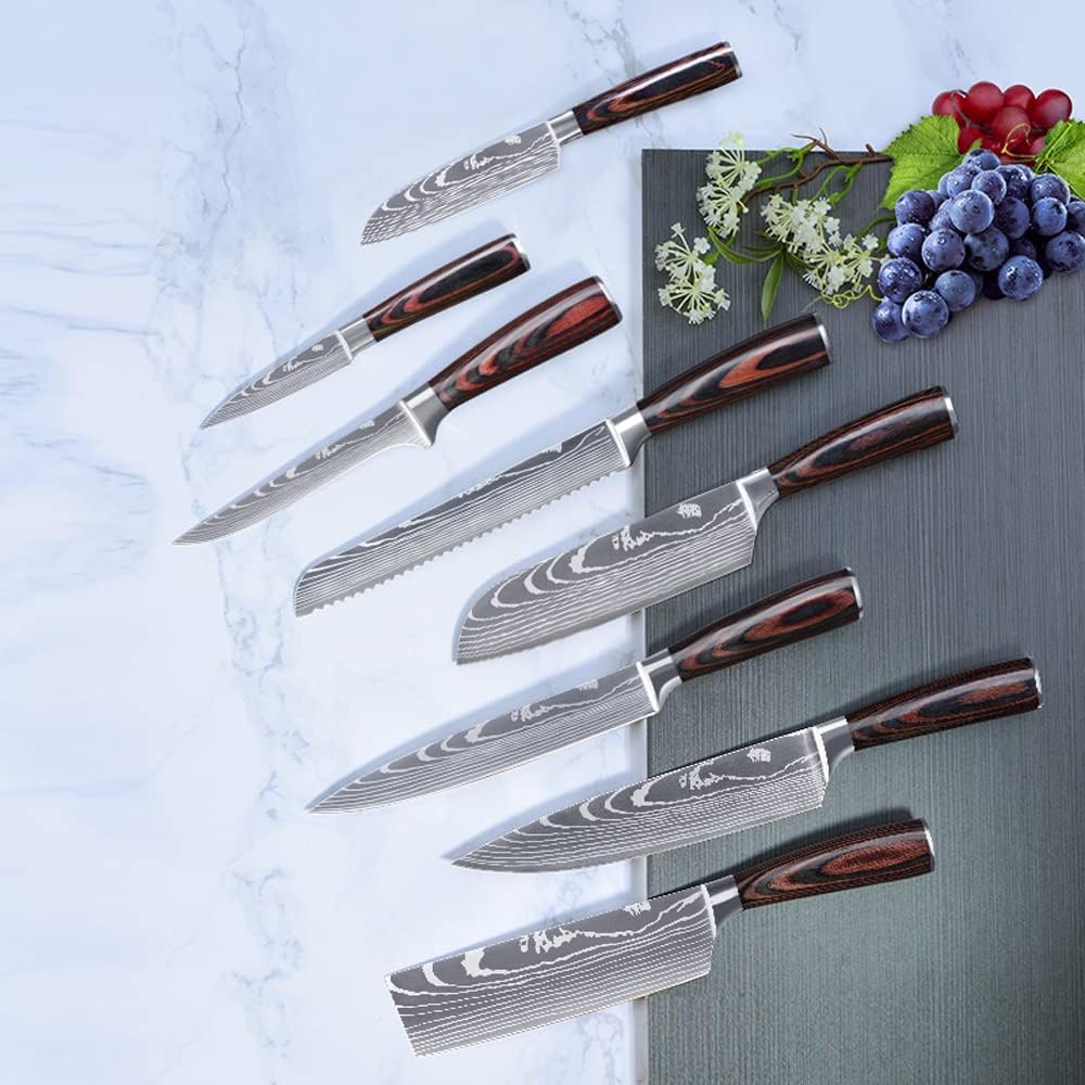 Professional 8 Pcs Kitchen Chef Knife Set with Sharp High Carbon Stainless Steel Forged Blade and Ergonomically Pakkawood Handle