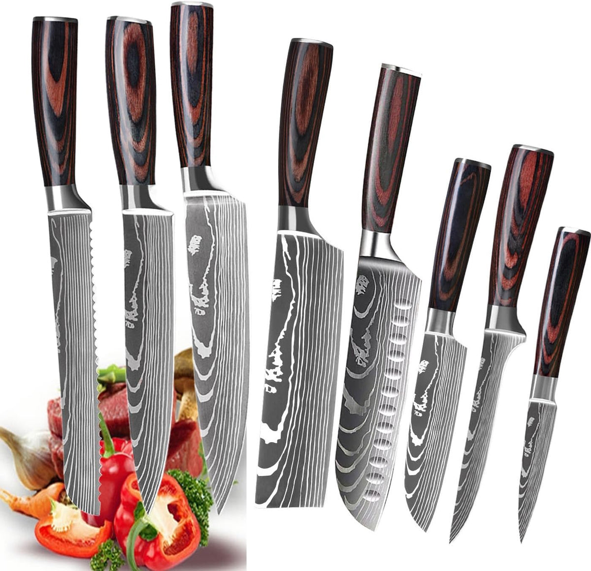 Professional 8 Pcs Kitchen Chef Knife Set with Sharp High Carbon Stainless Steel Forged Blade and Ergonomically Pakkawood Handle
