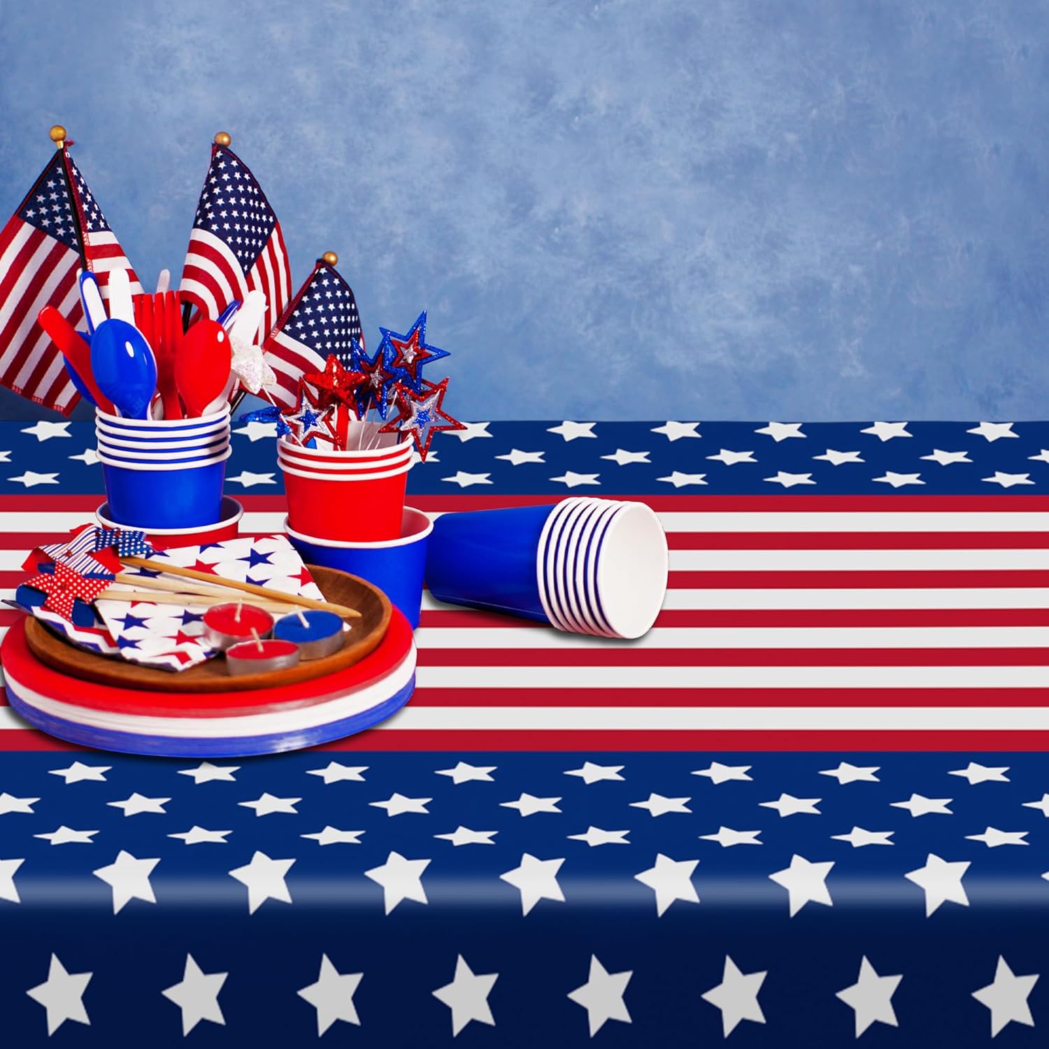 3 Pack Patriotic Tablecloths, 54x108 Inch, Red White Blue Plastic, 4th of July Decor