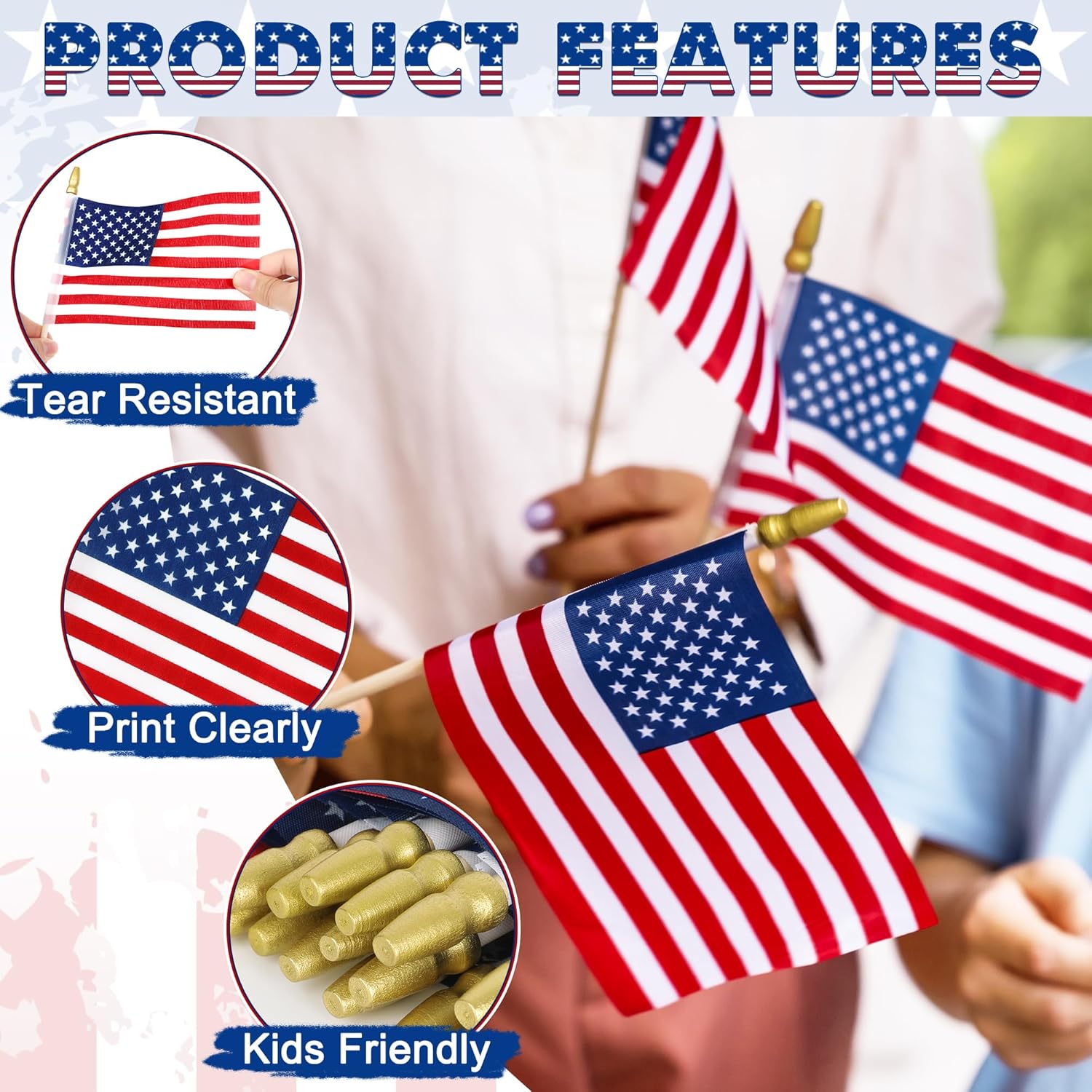 50 Pcs 4x6 Inch American Flags on Sticks, Tear Resistant for 4th July & Memorial Day Parades
