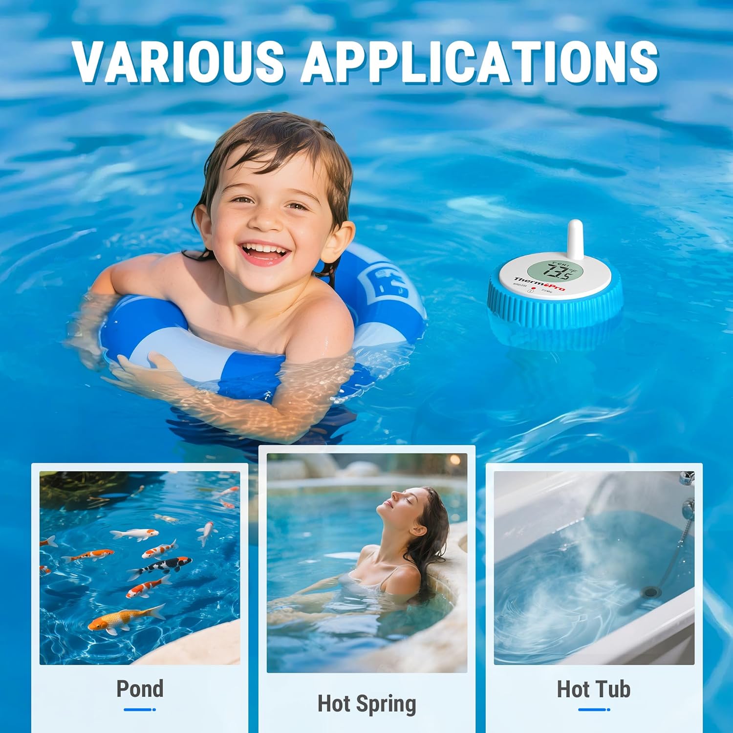 IPX8 Waterproof Wireless Pool Thermometer, Floating Digital Temp Monitor for Pool, Hot Tub, Aquarium - Easy Read