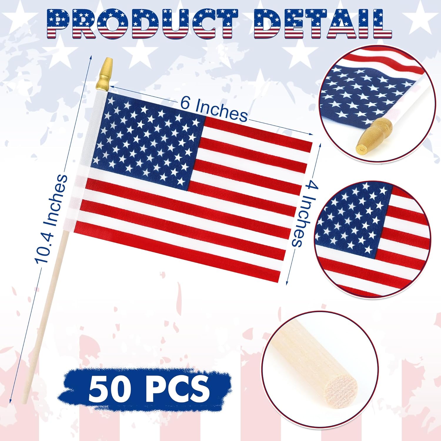 50 Pcs 4x6 Inch American Flags on Sticks, Tear Resistant for 4th July & Memorial Day Parades