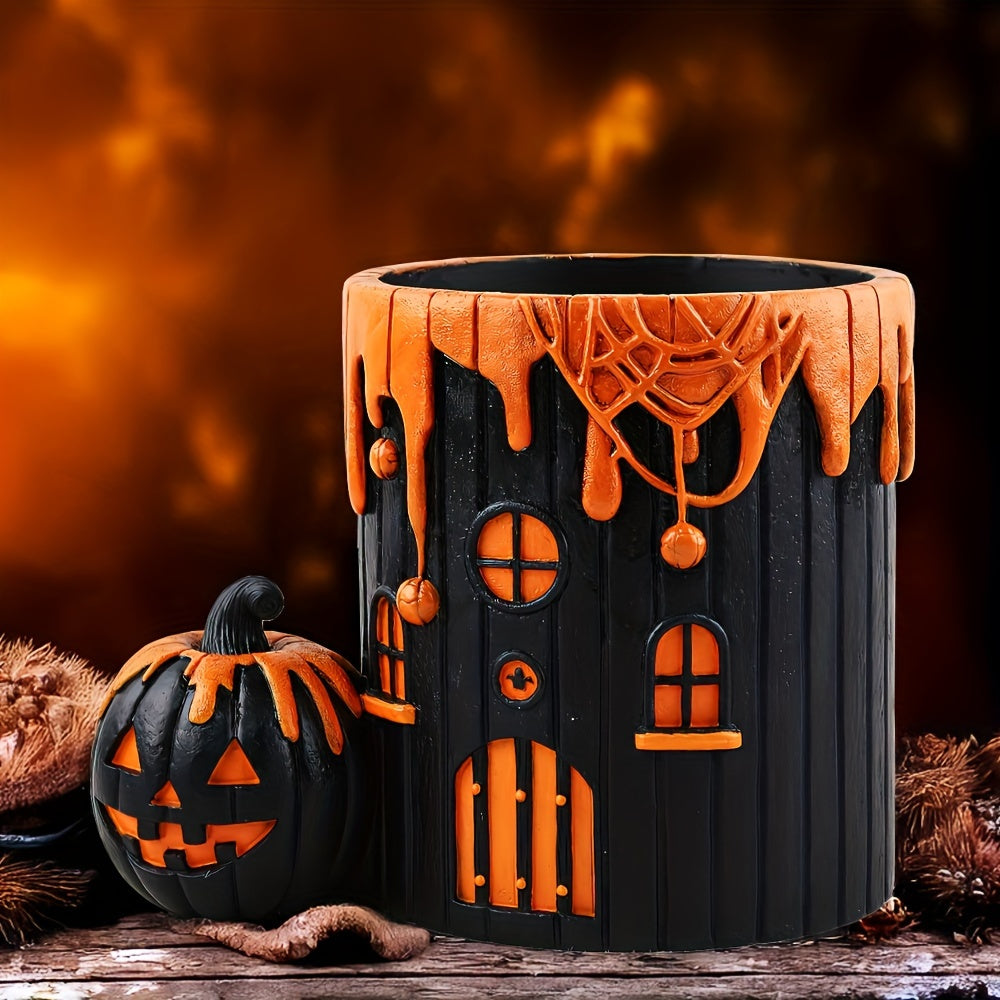 Classic resin pumpkin house planter, round desktop with drainage hole, painted finish for home/balcony/indoor/outdoor decor.