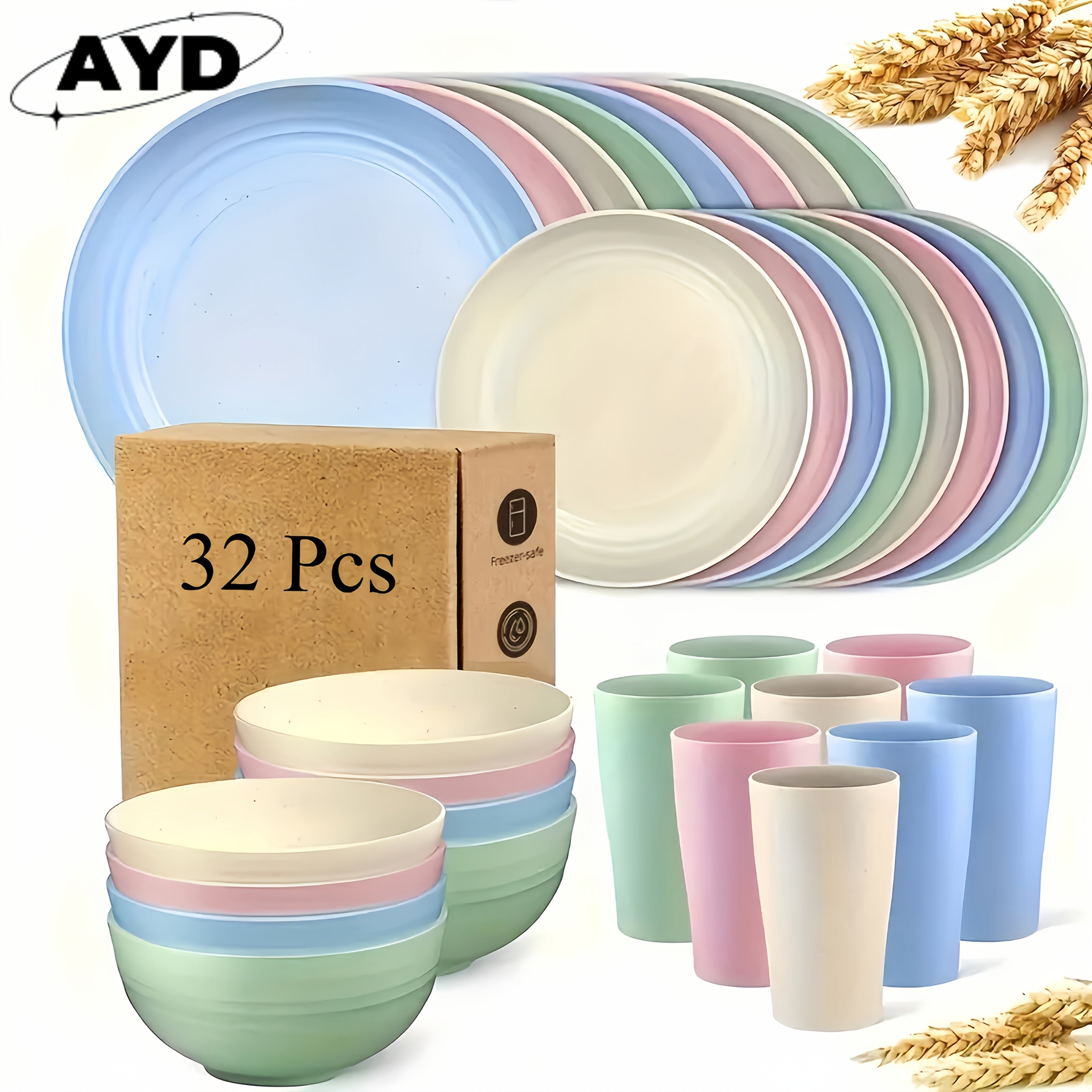 32-Pc Dinnerware Set: 16 Bread Plates, Serves 8 - Plates, Bowls, Mugs - Dishwasher & Microwave Safe - Lightweight for Camping/Daily - Gift Idea