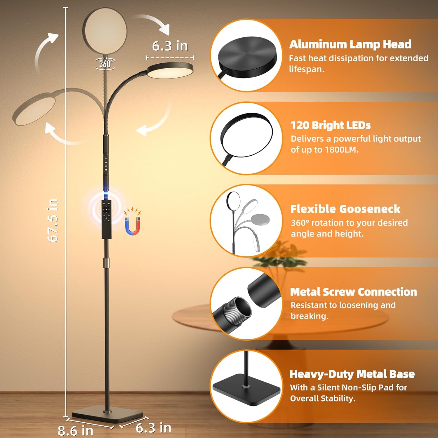 Adjustable Height 120 LED Floor Lamp - Remote & Touch Dimmable Gooseneck Stand for Multi-Room Use