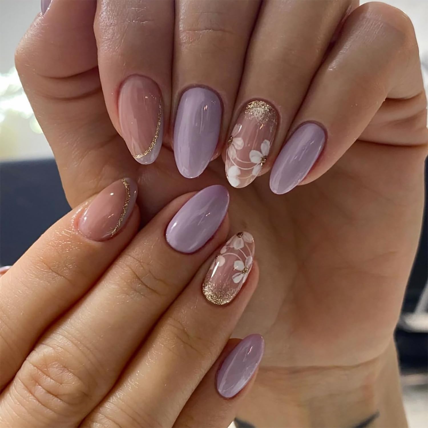 Almond-Shaped Press-On Nails, Floral Star Design, Glossy Acrylic - Spring/Summer Reusable Artificial Nails for Women