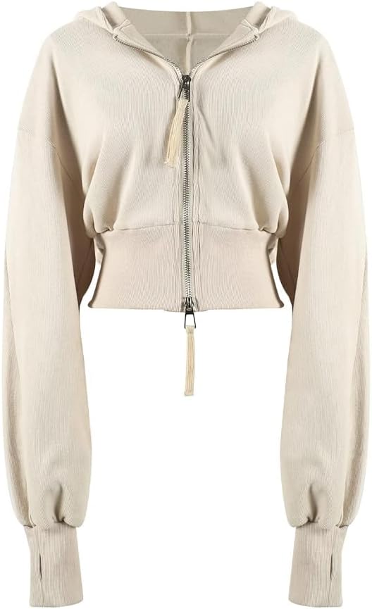 Arssm Cropped Hoodie Women Zip Up Long Sleeve Sweatshirts Casual Fashion Hooded Workout Jacket Crop Top