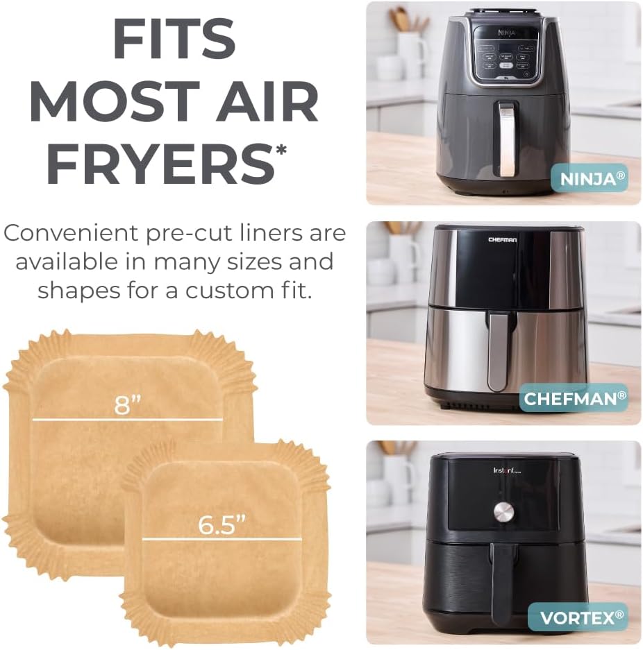 BPA-Free Air Fryer Liners 100PC, 8” Non-Stick Sheets for 5-8QT, Microwave & Toaster Oven, Bleach-Free