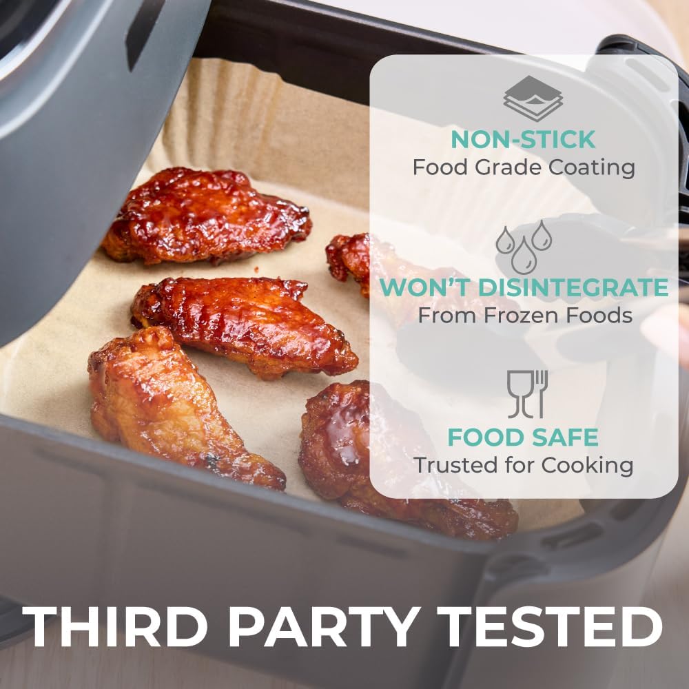BPA-Free Air Fryer Liners 100PC, 8” Non-Stick Sheets for 5-8QT, Microwave & Toaster Oven, Bleach-Free