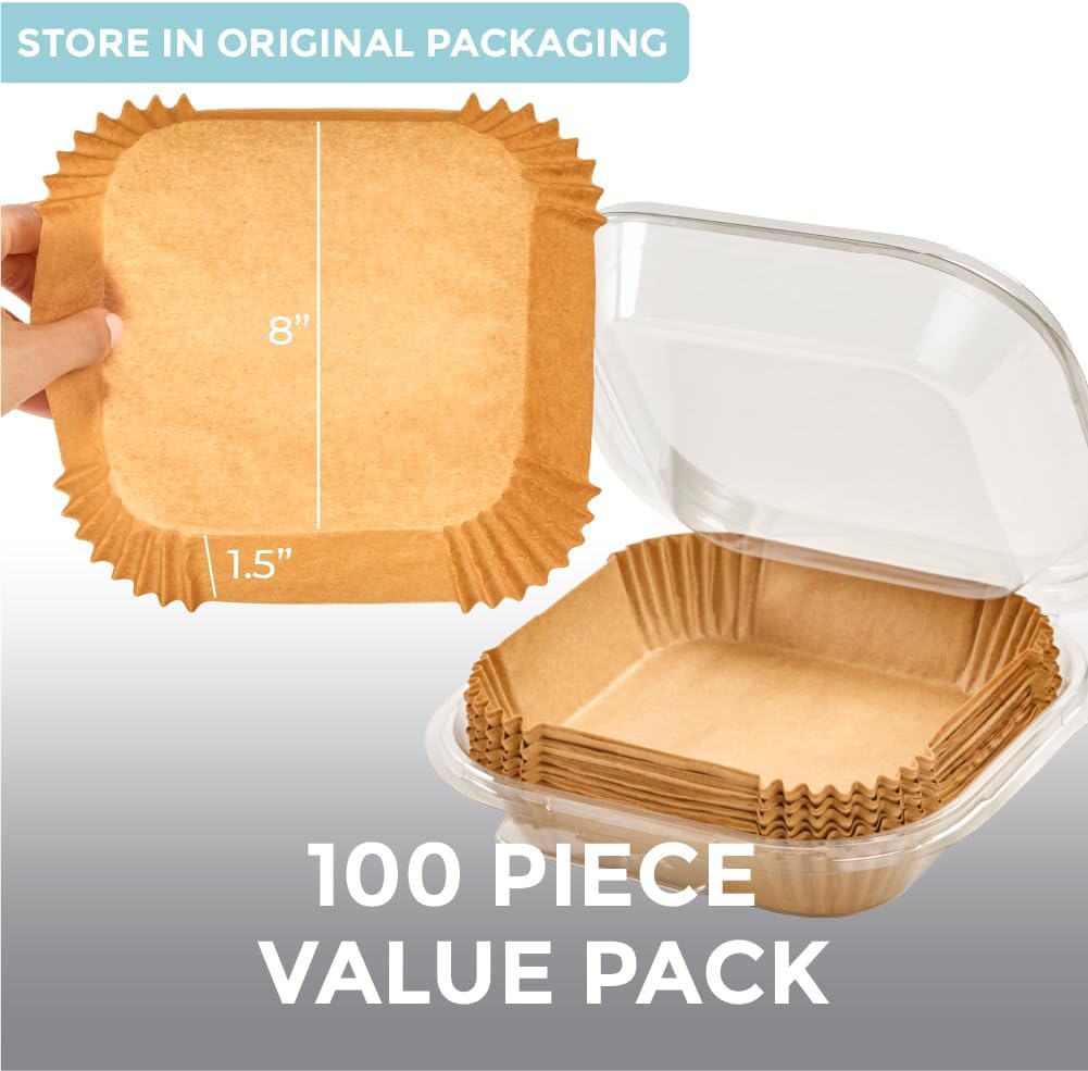 BPA-Free Air Fryer Liners 100PC, 8” Non-Stick Sheets for 5-8QT, Microwave & Toaster Oven, Bleach-Free